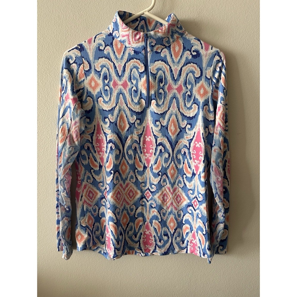 Women's Small Blue White Abstract Watercolor Print 1/4 Zip Long Sleeve Golf Top